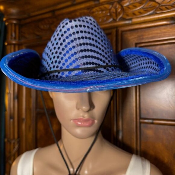 Light Up Royal Blue Sequin Felt Western Hat with Adjustable Chin Strap - Picture 4 of 12